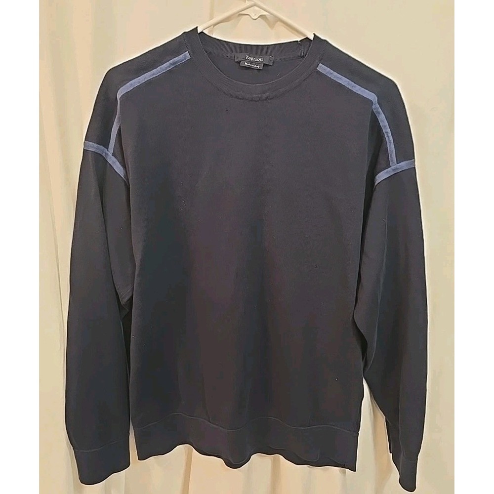 Zegna Sport Sweater Men's Navy Blue Made In Italy‎ Crewneck Pullover Cotton
